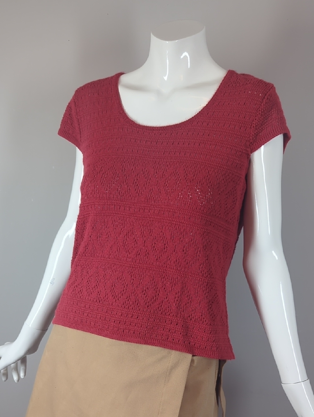 Vintage Garage Knit Textured Scoop Neck Short Sleeve Top Red Xl